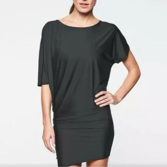 athleta asymmetrical dress Athleta Womens Black Asymmetrical Windward Jersey Knotted Tie Midi Wrap Dress S